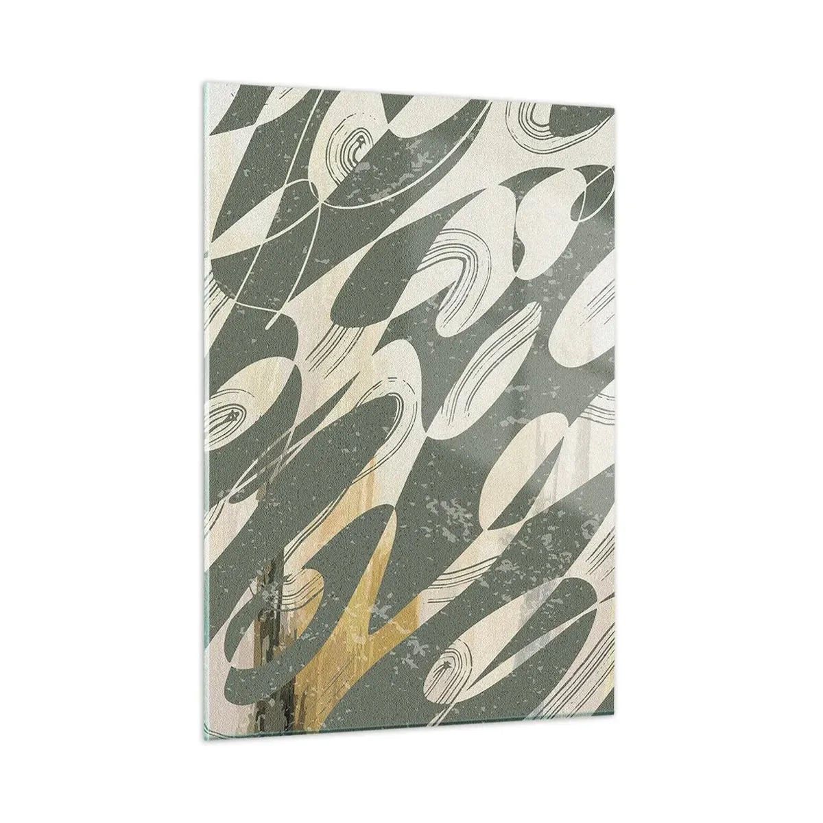 Quadro su vetro - Una composizione verde e beige con forme organiche dinamiche - 50x70cm - Astrazione ritmica - Decorazione murale moderna per soggiorno e camera da letto ARTTOR