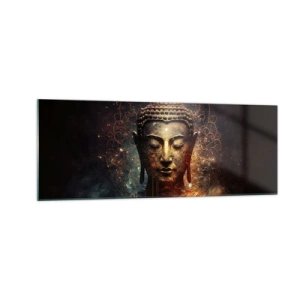 Quadro su vetro - Buddha dorato su sfondo scuro con ornamenti - 140x50cm - Equilibrio spirituale - Decorazione murale moderna per soggiorno e camera da letto ARTTOR