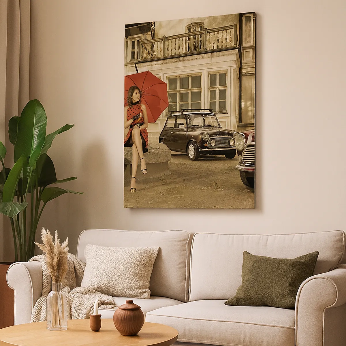 Quadro su tela - Stampe su Tela - Donna con un ombrello rosso vicino alle auto d'epoca - 50x70cm - Piccolo viaggio sentimentale - Decorazione murale moderna per soggiorno e camera da letto ARTTOR