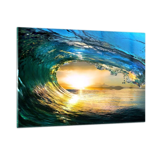 Quadro su vetro - Un'onda dell'oceano catturata alla luce del sole al tramonto - 120x80cm - Nel cristallo oro e smeraldo - Decorazione murale moderna per soggiorno e camera da letto ARTTOR