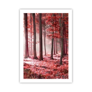 Poster - Una foresta con foglie rosse e nebbia al mattino - 50x70cm - Anche rosso è bello - Decorazione murale moderna per soggiorno e camera da letto ARTTOR
