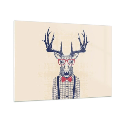 Quadro su vetro - Illustrazione di un cervo che indossa occhiali e papillon - 100x70cm - Divertente stravaganza - Decorazione murale moderna per soggiorno e camera da letto ARTTOR