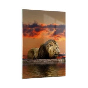 Quadro su vetro - Un leone sullo sfondo del sole al tramonto - 50x70cm - Il re della natura - Decorazione murale moderna per soggiorno e camera da letto ARTTOR