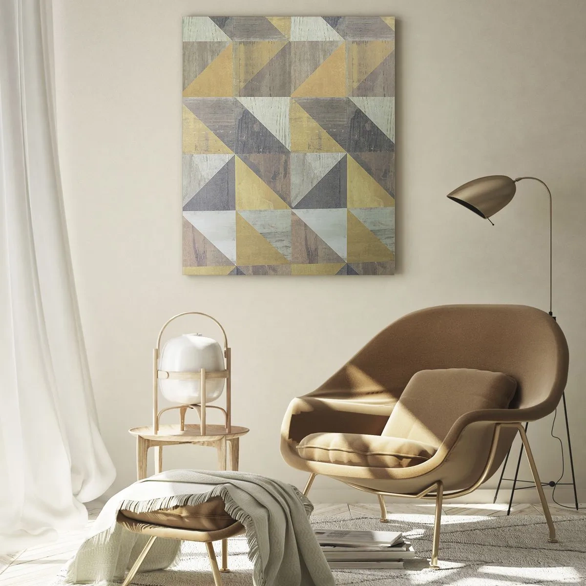 Quadro su vetro - Composizione geometrica di triangoli in tonalità terrose - 70x100cm - Secondo i triangoli - Decorazione murale moderna per soggiorno e camera da letto ARTTOR