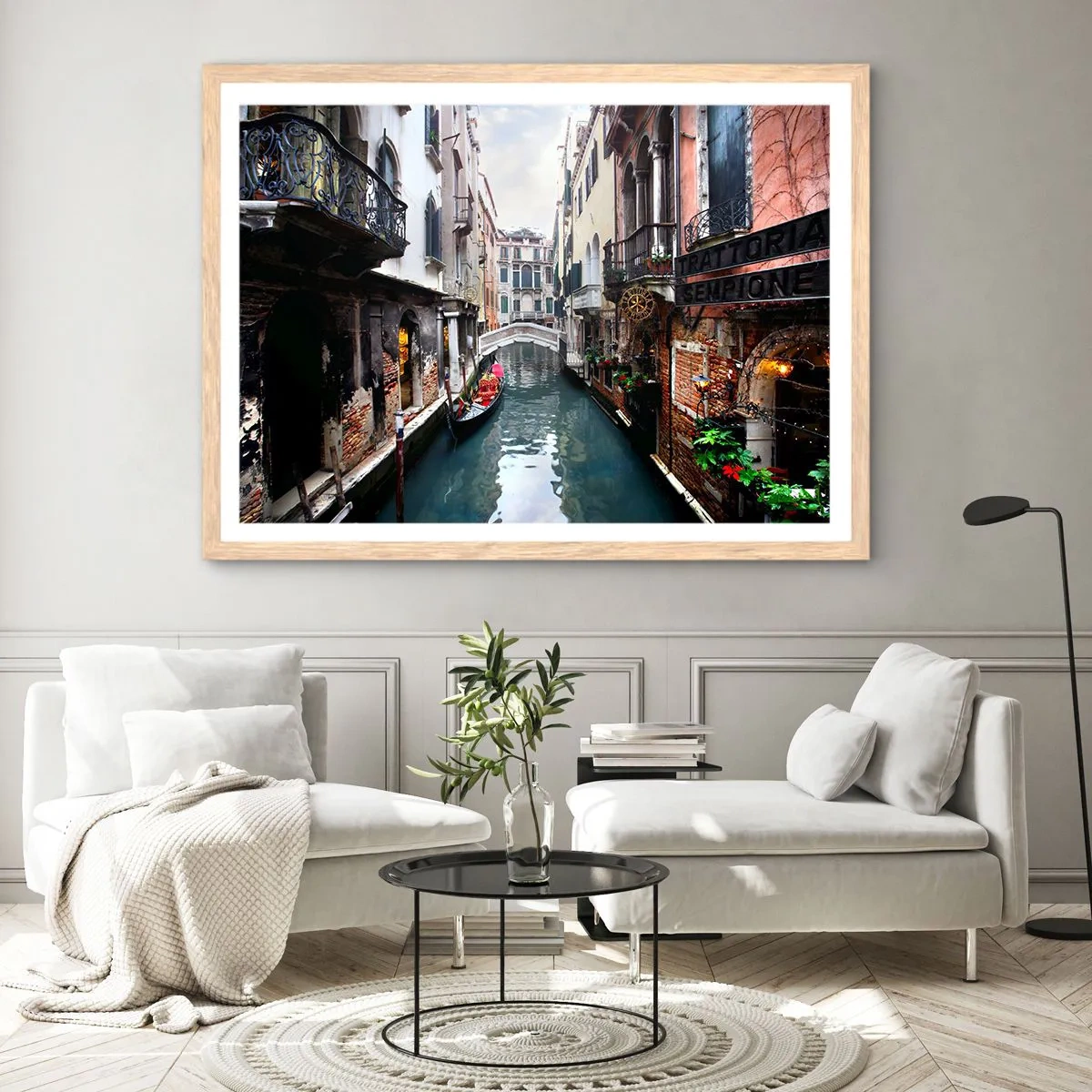 Poster in cornice rovere chiaro - Paesaggio veneziano con gondola e ponte - 91x61 cm