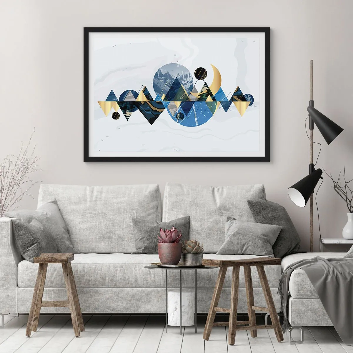 Poster in cornice nera - Motivi geometrici astratti con motivi montani - 70x50cm - Paesaggio geometrico - Decorazione murale moderna per soggiorno e camera da letto ARTTOR