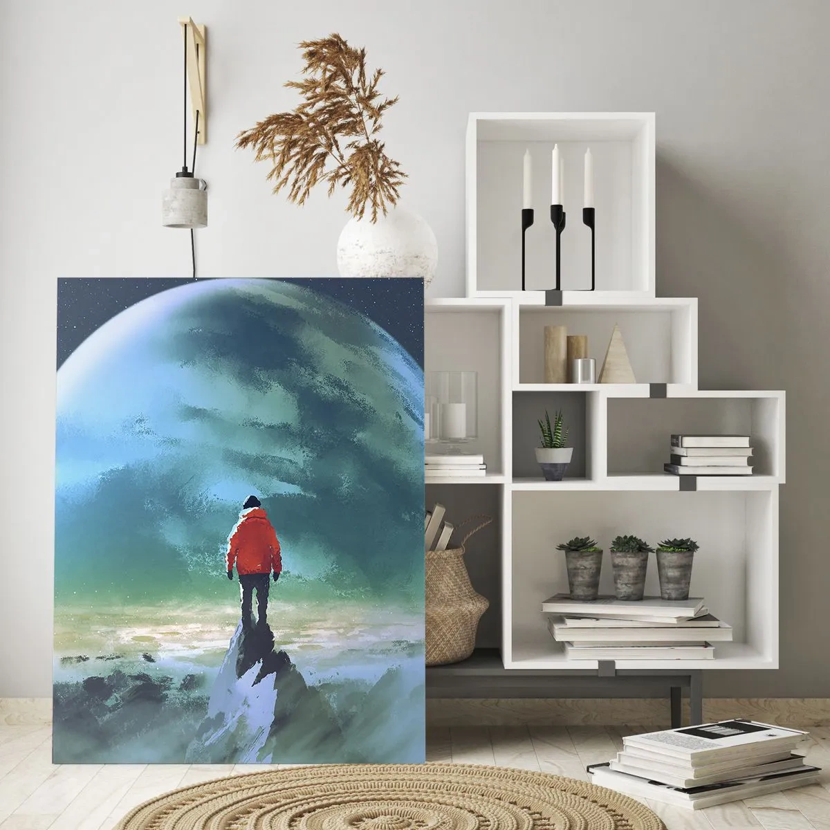 Quadro su vetro - Una figura con una giacca rossa sullo sfondo di un enorme pianeta e stelle - 50x70cm - Scopritore di una nuova terra - Decorazione murale moderna per soggiorno e camera da letto ARTTOR