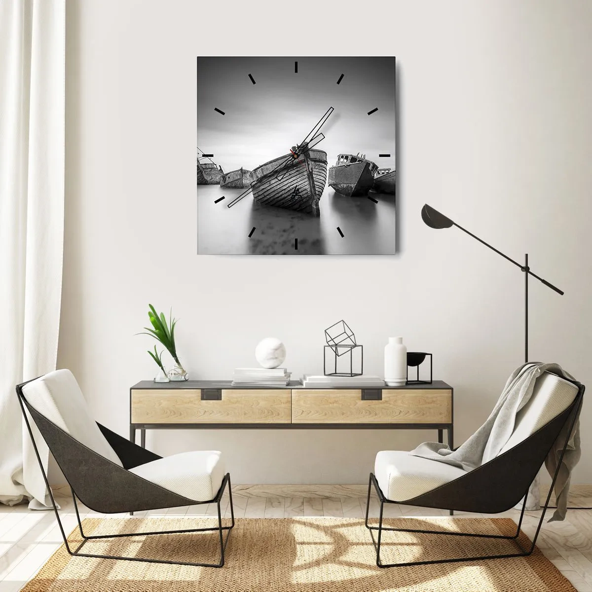 Orologio da parete - Orologio in Vetro - Barche abbandonate in acque calme - 30x30cm - Sono solo ricordi... - Decorazione murale moderna per soggiorno e camera da letto ARTTOR