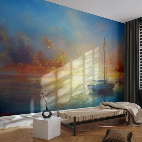 Fotomurali Standard Eco - Una barca a vela su un mare calmo al tramonto - 100x70cm - Nella baia dorata - Decorazione murale moderna per soggiorno e camera da letto ARTTOR