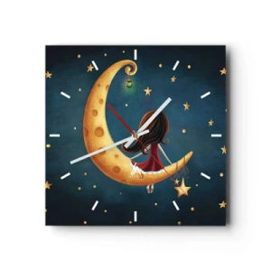 Orologio da parete - Orologio in Vetro - Una ragazza sulla luna circondata dalle stelle - 30x30cm - Una volta... - Decorazione murale moderna per soggiorno e camera da letto ARTTOR