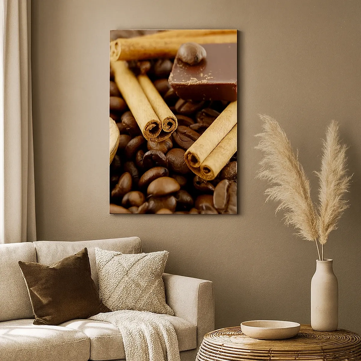 Quadro su tela - Stampe su Tela - Chicchi di caffè con bastoncini di cannella, cioccolato e noci. - 50x70cm - Concerto di sapori - Decorazione murale moderna per soggiorno e camera da letto ARTTOR