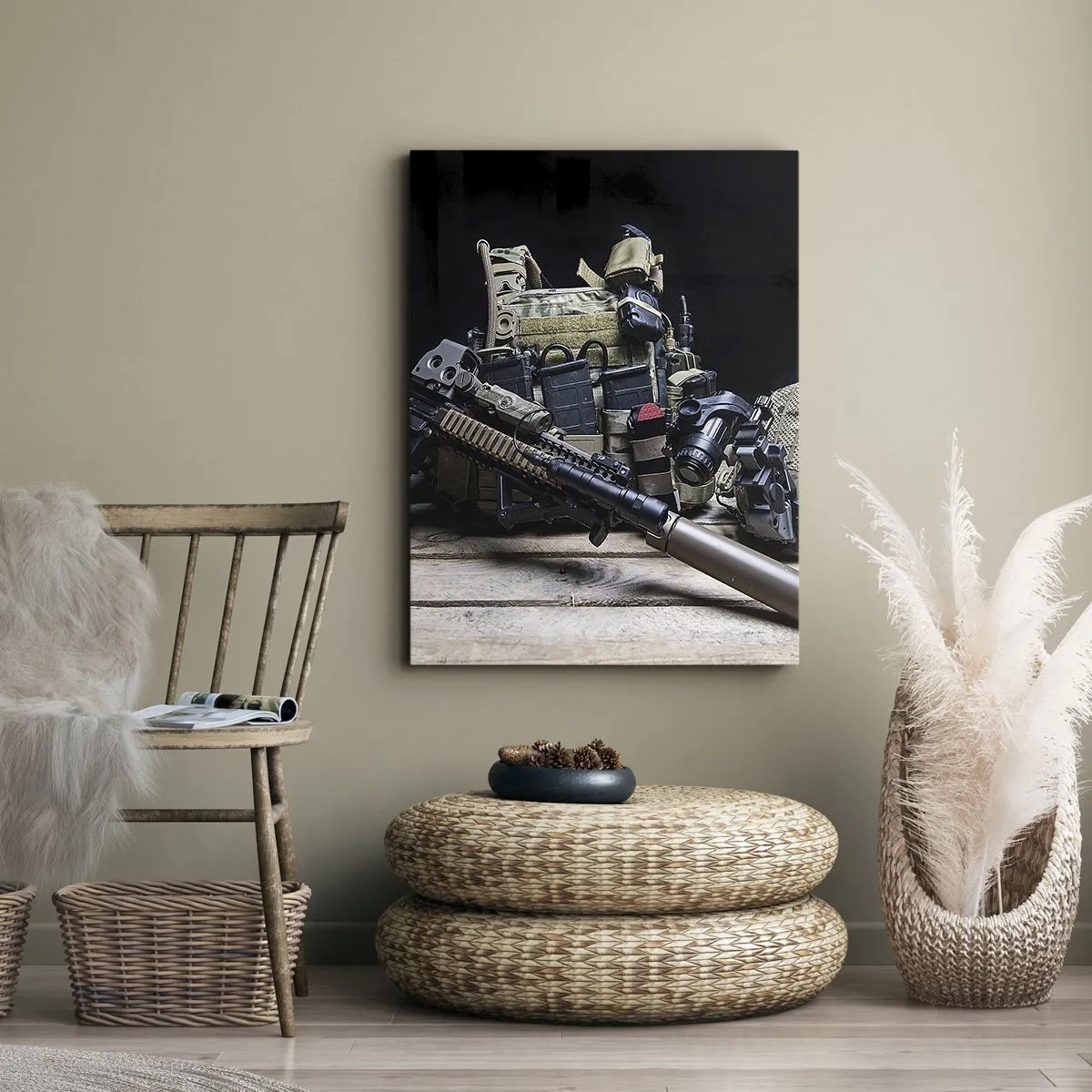 Quadro su tela - Stampe su Tela - Attrezzatura tattica con un fucile su un tavolo di legno - 70x100cm - Riposo! - Decorazione murale moderna per soggiorno e camera da letto ARTTOR