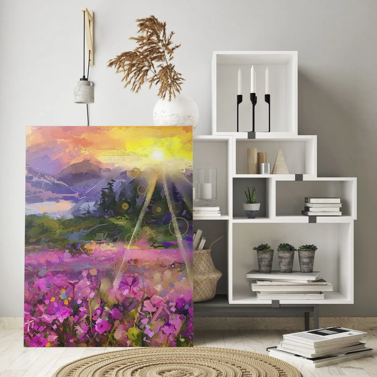Quadro su vetro - Una pittoresca valle piena di fiori illuminata dai raggi del sole - 50x70cm - Nella valle sotto la cura del sole - Decorazione murale moderna per soggiorno e camera da letto ARTTOR