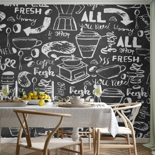 Fotomurali Standard Eco - Motivo a caffè in bianco e nero con scritte - 100x70cm - All you need is… - Decorazione murale moderna per soggiorno e camera da letto ARTTOR