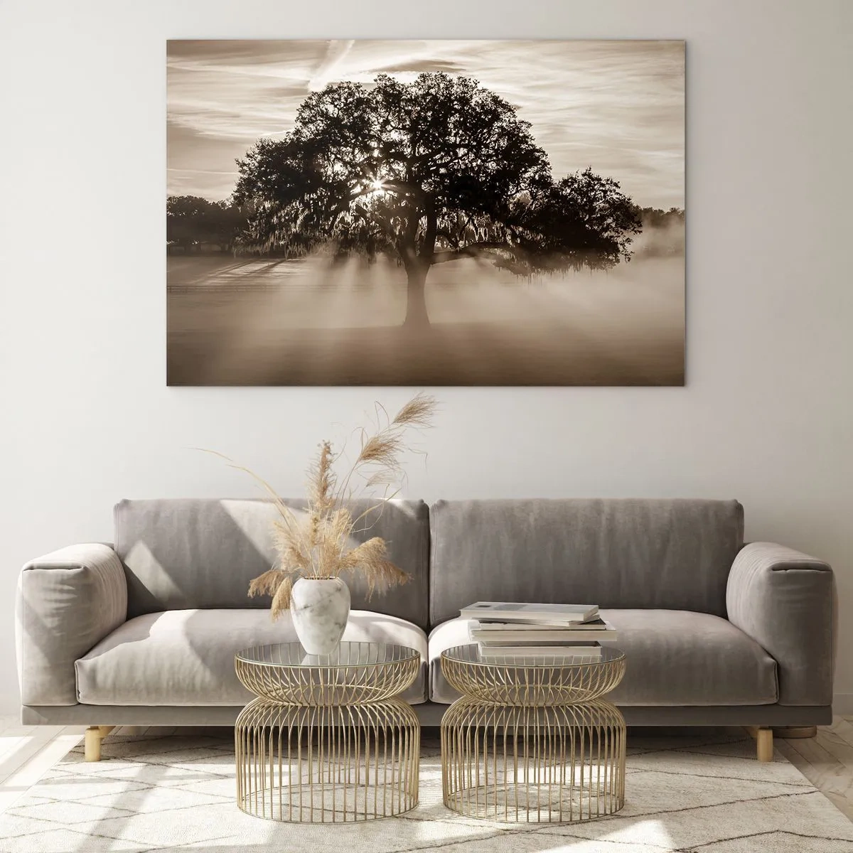 Quadro su vetro - Un albero nella nebbia mattutina con i raggi del sole che brillano attraverso i rami - 100x70cm - L'albero delle sole buone notizie - Decorazione murale moderna per soggiorno e camera da letto ARTTOR
