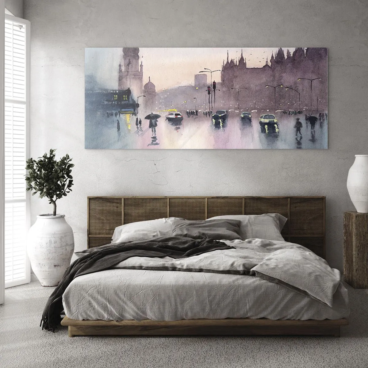 Quadro su vetro - Una strada cittadina al crepuscolo in stile acquerello - 140x50cm - Nella nebbia piovigginosa - Decorazione murale moderna per soggiorno e camera da letto ARTTOR