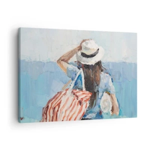 Quadro su tela - Stampe su Tela - Una donna con un cappello contro il mare blu - 70x50cm - Benvenuti in vacanza - Decorazione murale moderna per soggiorno e camera da letto ARTTOR
