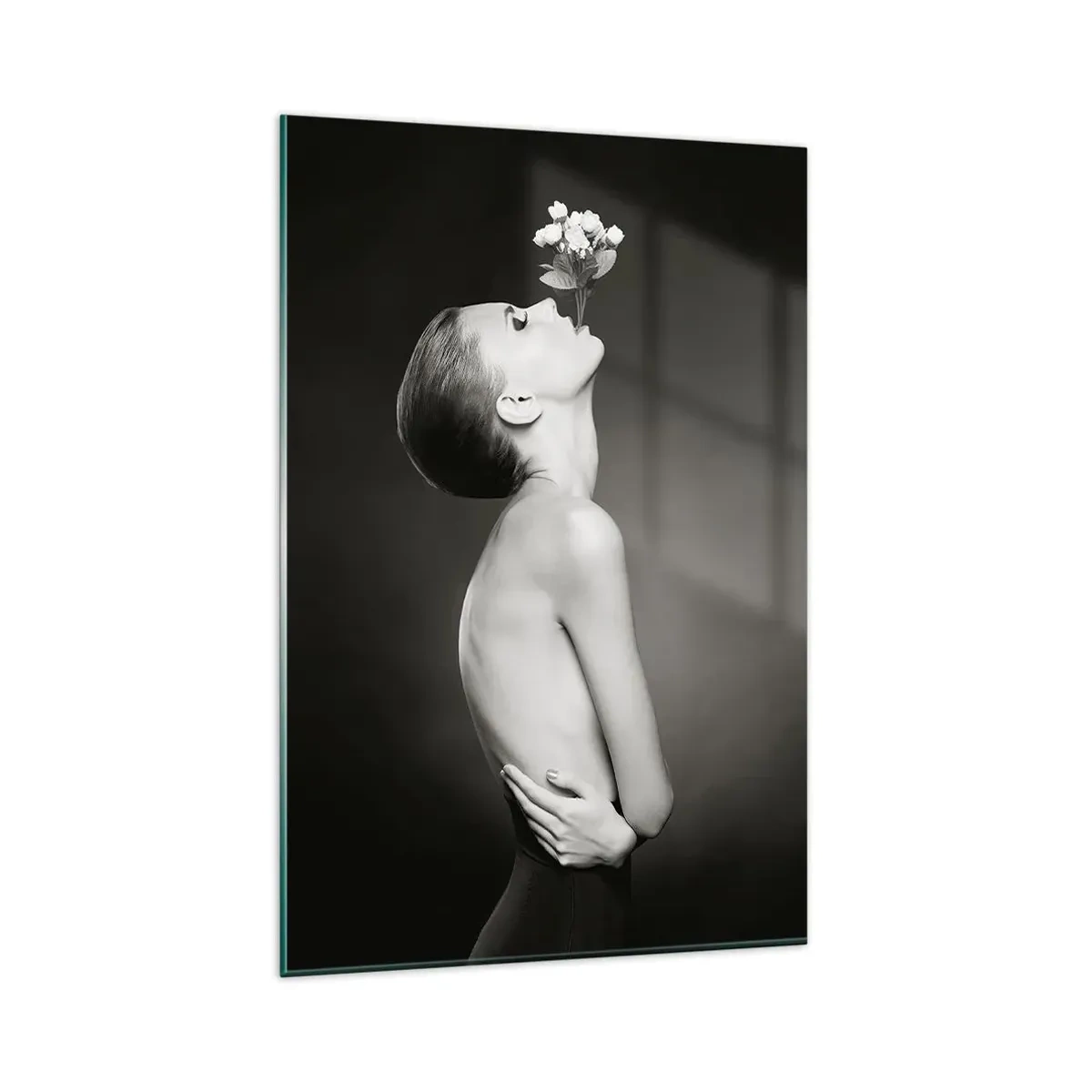 Quadro su vetro - Silhouette in bianco e nero di una donna con un fiore - 80x120cm - Eleganza eccentrica - Decorazione murale moderna per soggiorno e camera da letto ARTTOR