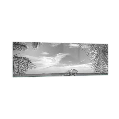 Quadro su vetro - Spiaggia bianca e nera con molo e palme su una costa tropicale - 160x50cm - Un ricordo o un sogno? - Decorazione murale moderna per soggiorno e camera da letto ARTTOR