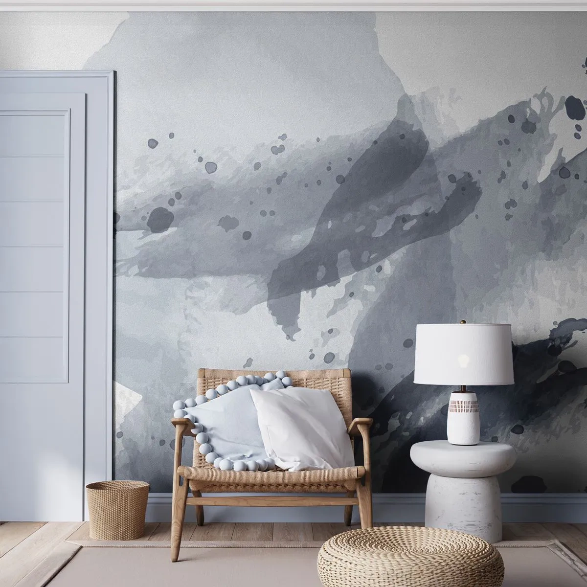 Fotomurali Standard Eco - Schizzi di acquerello astratti blu-grigi che ricordano l'acqua - 100x70cm - Studio della natura dell'acqua - Decorazione murale moderna per soggiorno e camera da letto ARTTOR