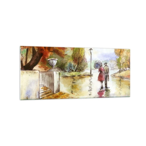 Quadro su vetro - Una passeggiata nel parco autunnale con l'ombrello - 120x50cm - Autunno romantico nel parco - Decorazione murale moderna per soggiorno e camera da letto ARTTOR