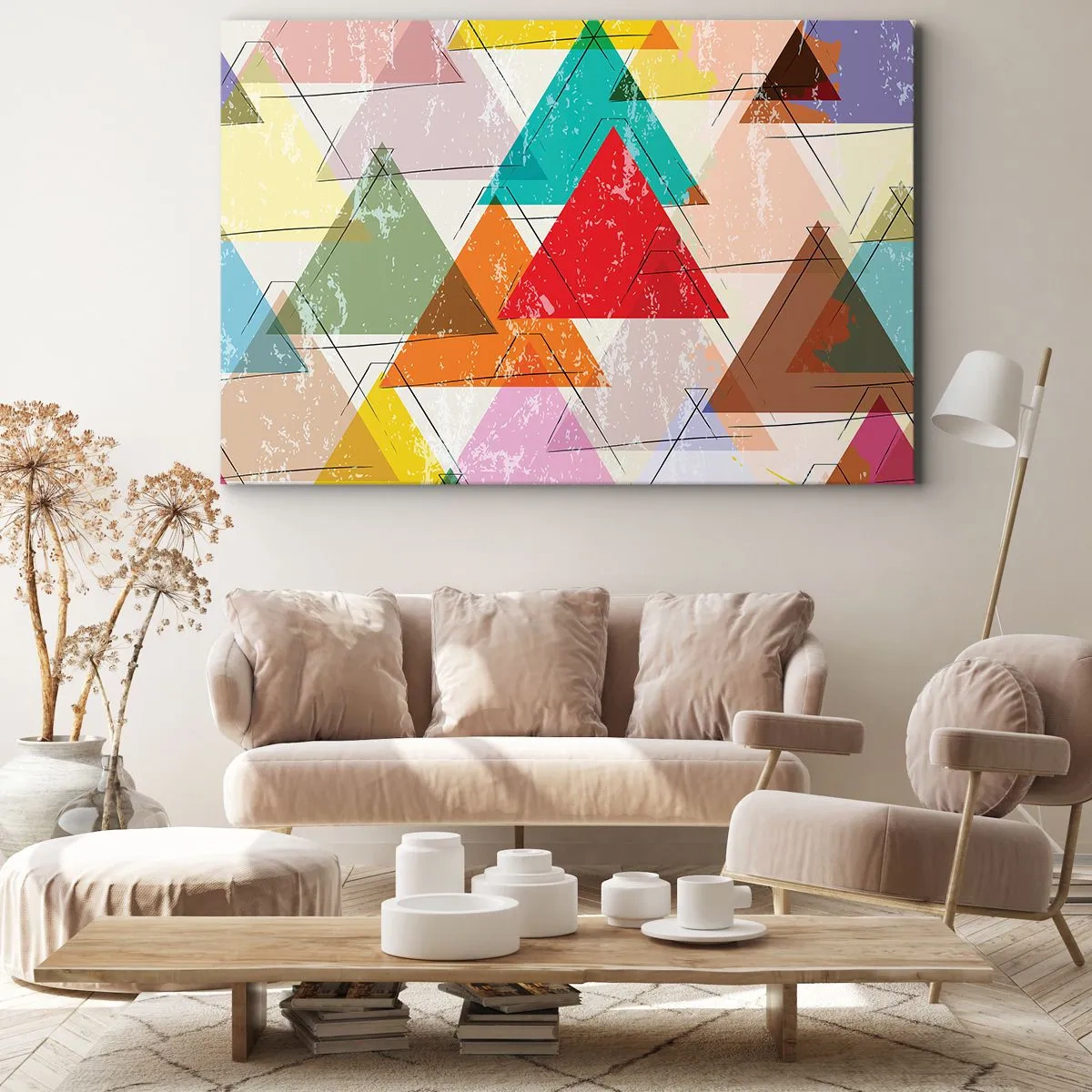 Quadro su tela - Stampe su Tela - Astrazione colorata con triangoli geometrici - 120x80cm - Tre alla volta - Decorazione murale moderna per soggiorno e camera da letto ARTTOR