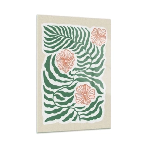 Quadro su vetro - Foglie verdi e fiori rossi in una disposizione grafica - 50x70cm - Fioritura nel verde - Decorazione murale moderna per soggiorno e camera da letto ARTTOR