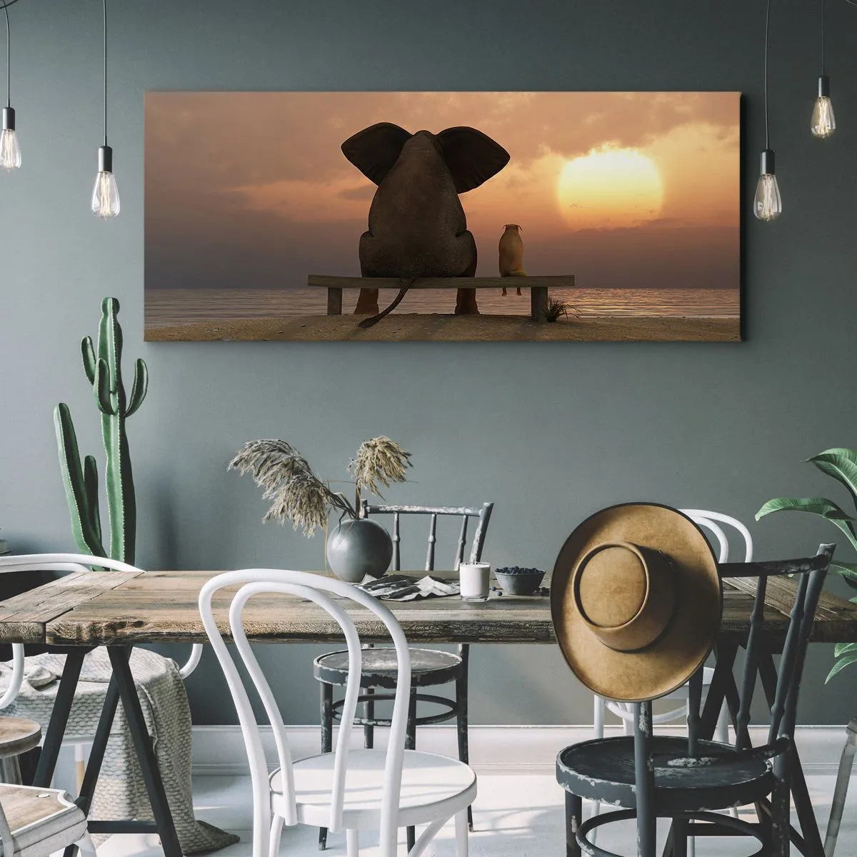 Quadro su tela - Stampe su Tela - Un elefante e un cane sono seduti su una panchina sulla spiaggia durante il tramonto. - 140x50cm - A volte bisogna tacere - Decorazione murale moderna per soggiorno e camera da letto ARTTOR