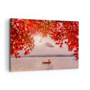 Quadro su tela - Stampe su Tela - Una barca su un lago circondata da foglie di acero rosso - 120x80cm - Nell'atmosfera del Giappone - Decorazione murale moderna per soggiorno e camera da letto ARTTOR