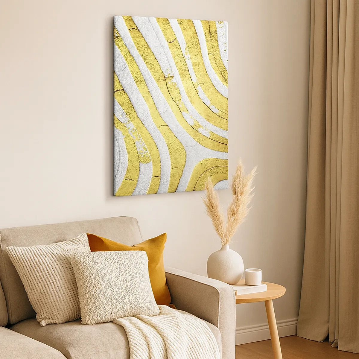 Quadro su tela - Stampe su Tela - Linee astratte dorate e bianche in una texture 3D - 50x70cm - Composizione in bianco e oro - Decorazione murale moderna per soggiorno e camera da letto ARTTOR