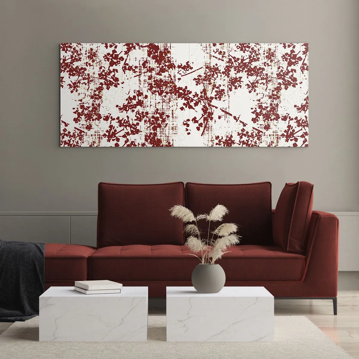 Quadro su vetro - Fiori rossi su sfondo bianco in stile artistico - 140x50cm - Come l'antico percalle - Decorazione murale moderna per soggiorno e camera da letto ARTTOR
