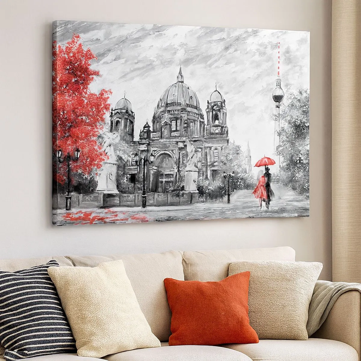 Quadro su tela - Stampe su Tela - Scena in bianco e nero con Berlino, un ombrello rosso e un albero - 70x50cm - Incontro a Berlino - Decorazione murale moderna per soggiorno e camera da letto ARTTOR