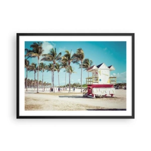 Poster in cornice nera - Una spiaggia con palme e una torre di salvataggio sullo sfondo - 70x50cm - Ti aspetta una bella giornata - Decorazione murale moderna per soggiorno e camera da letto ARTTOR