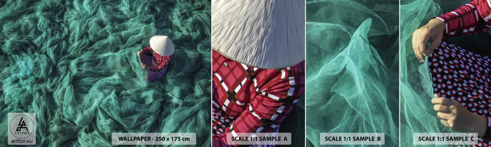 Campione di Fotomurale Adesivo Deluxe Sticker - Nel mare di reti - Rete da pesca, Donna, Vietnam - 100x30 cm