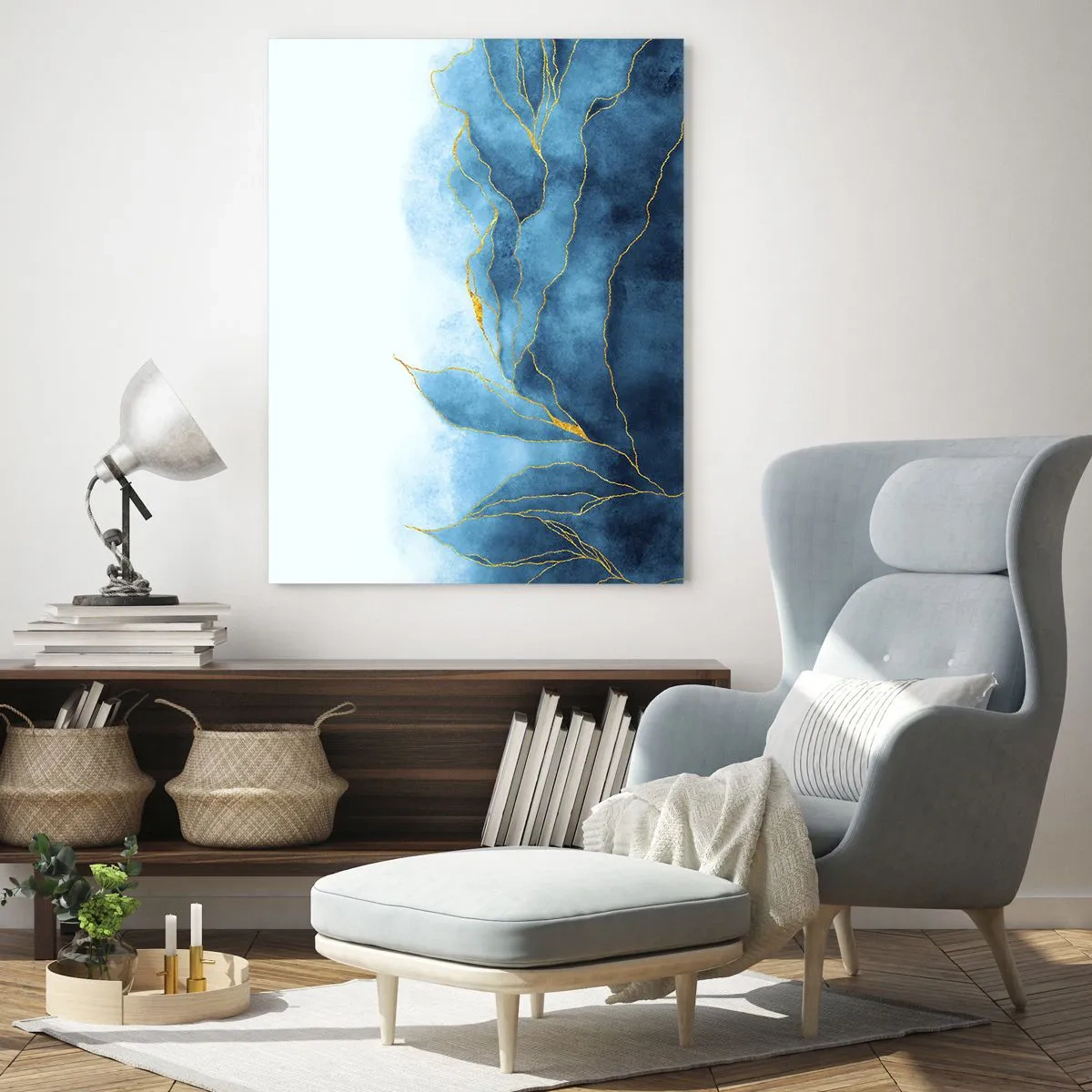 Quadro su vetro - Forme astratte blu con delicate linee dorate. - 50x70cm - Blu nell'oro - Decorazione murale moderna per soggiorno e camera da letto ARTTOR