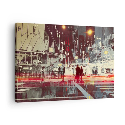 Quadro su tela - Stampe su Tela - Città di notte con luci al neon e sagome di persone per strada - 70x50cm - Viaggio nella grande città - Decorazione murale moderna per soggiorno e camera da letto ARTTOR
