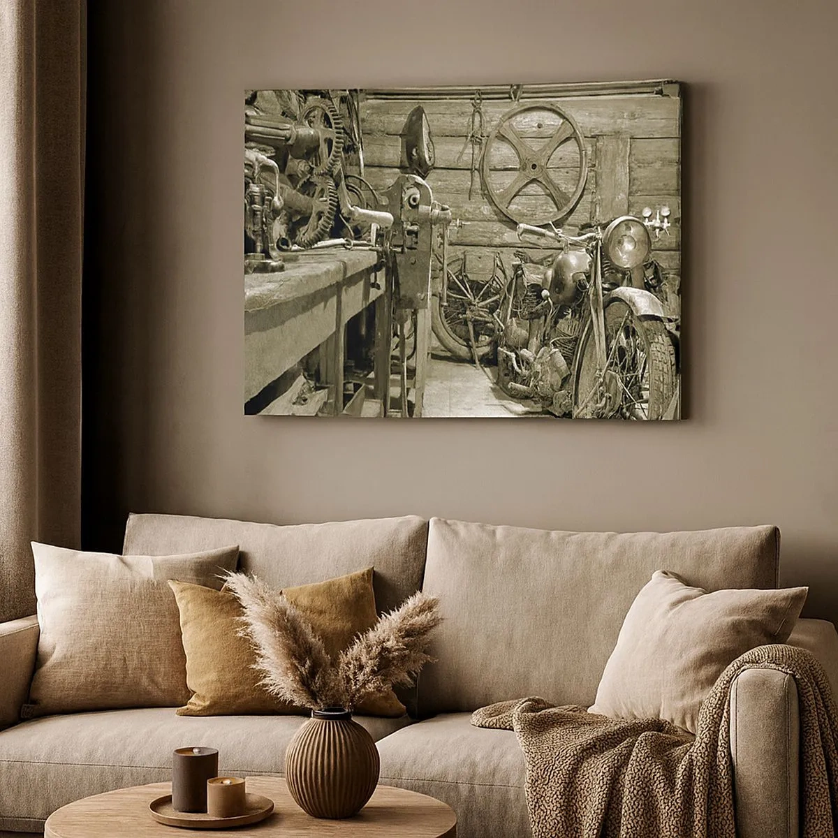 Quadro su tela - Stampe su Tela - Officina retrò con motociclette e attrezzi - 70x50cm - Nel capanno di zio Alfredo - Decorazione murale moderna per soggiorno e camera da letto ARTTOR