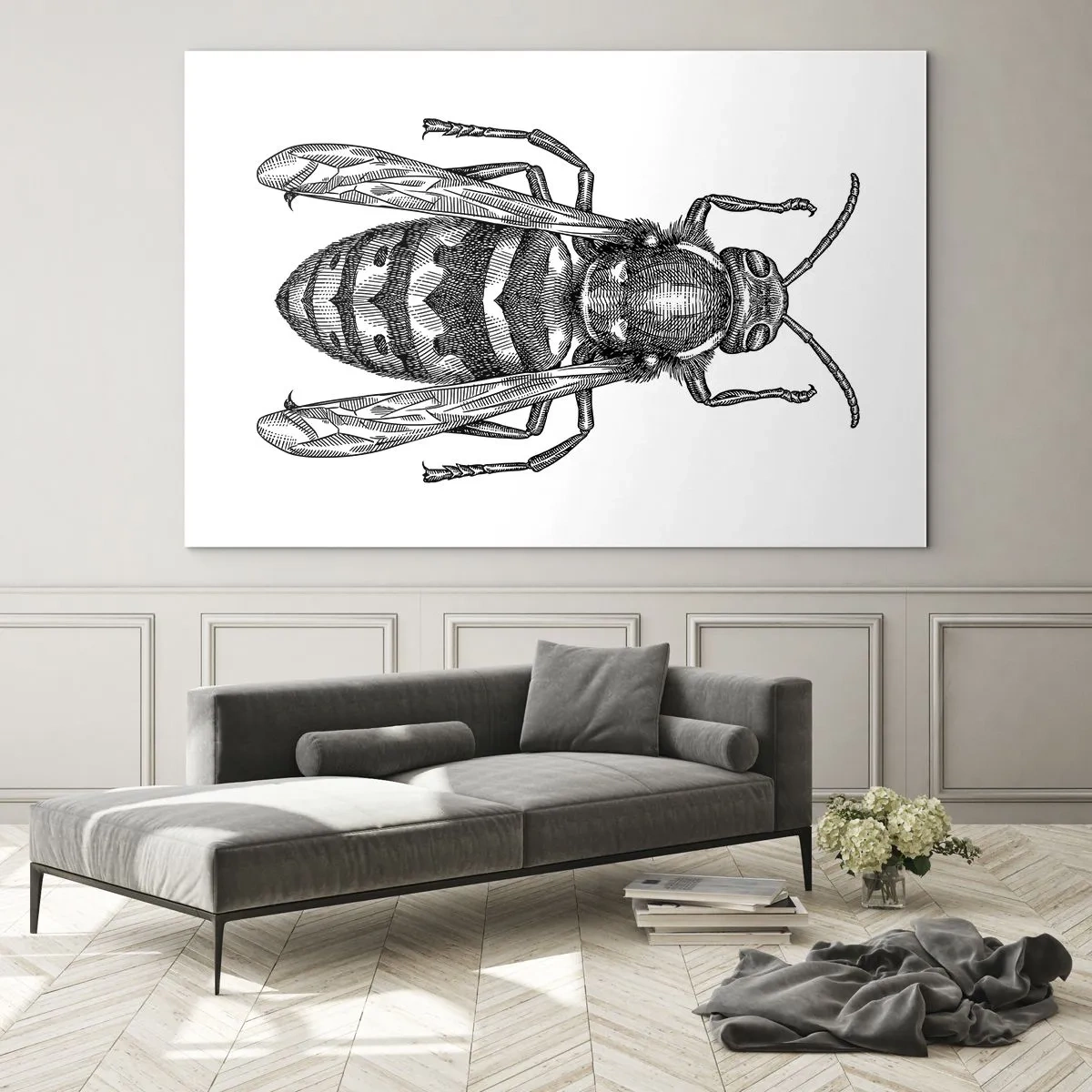 Quadro su vetro - Illustrazione retrò in bianco e nero di una vespa su sfondo bianco - 70x50cm - Dal pianeta degli insetti - Decorazione murale moderna per soggiorno e camera da letto ARTTOR