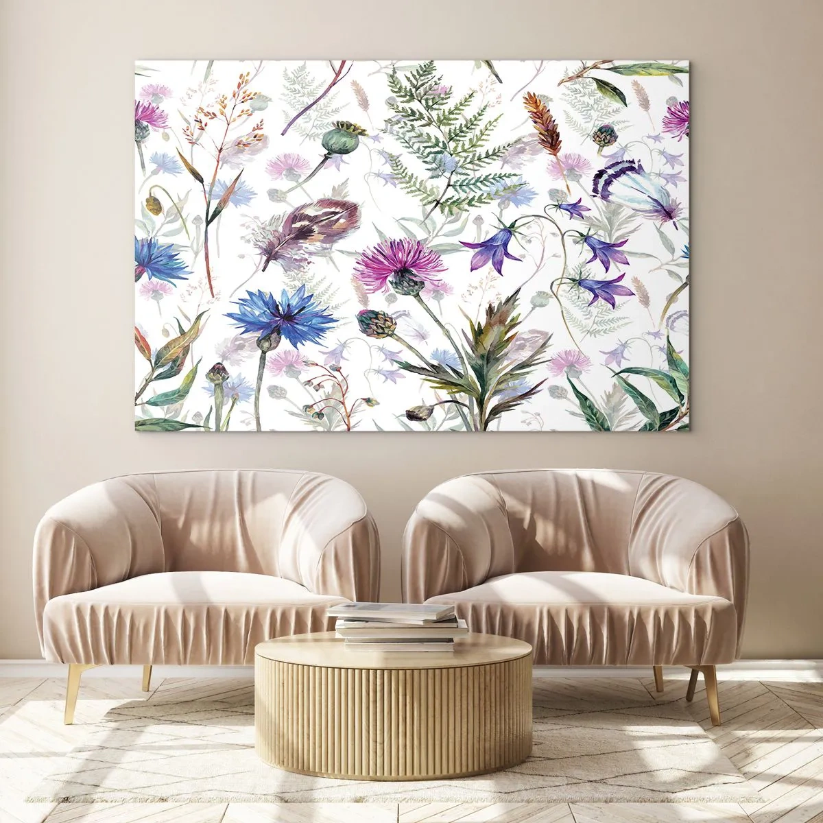 Quadro su vetro - Disegni di fiori selvatici e foglie su uno sfondo chiaro - 120x80cm - Erbario polacco - Decorazione murale moderna per soggiorno e camera da letto ARTTOR