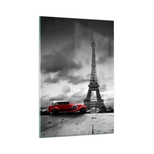 Quadro su vetro - Auto retrò rossa davanti alla Torre Eiffel in bianco e nero - 80x120cm - Non molto tempo fa a Parigi - Decorazione murale moderna per soggiorno e camera da letto ARTTOR