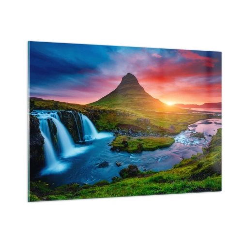 Quadro su vetro - Islanda - fuoco e acqua - 100x70cm - Islanda: acqua e fuoco - Decorazione murale moderna per soggiorno e camera da letto ARTTOR