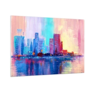 Quadro su vetro - Una città moderna dai colori intensi riflessi nell'acqua - 100x70cm - Immerse nei colori - Decorazione murale moderna per soggiorno e camera da letto ARTTOR