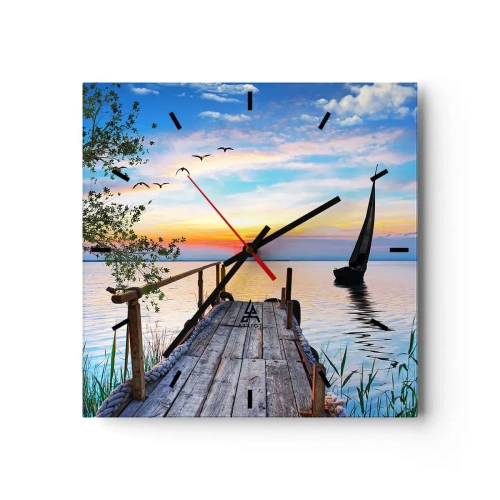 Orologio da parete - Orologio in Vetro - Molo del lago con barca e tramonto - 30x30cm - Buona sera - Decorazione murale moderna per soggiorno e camera da letto ARTTOR