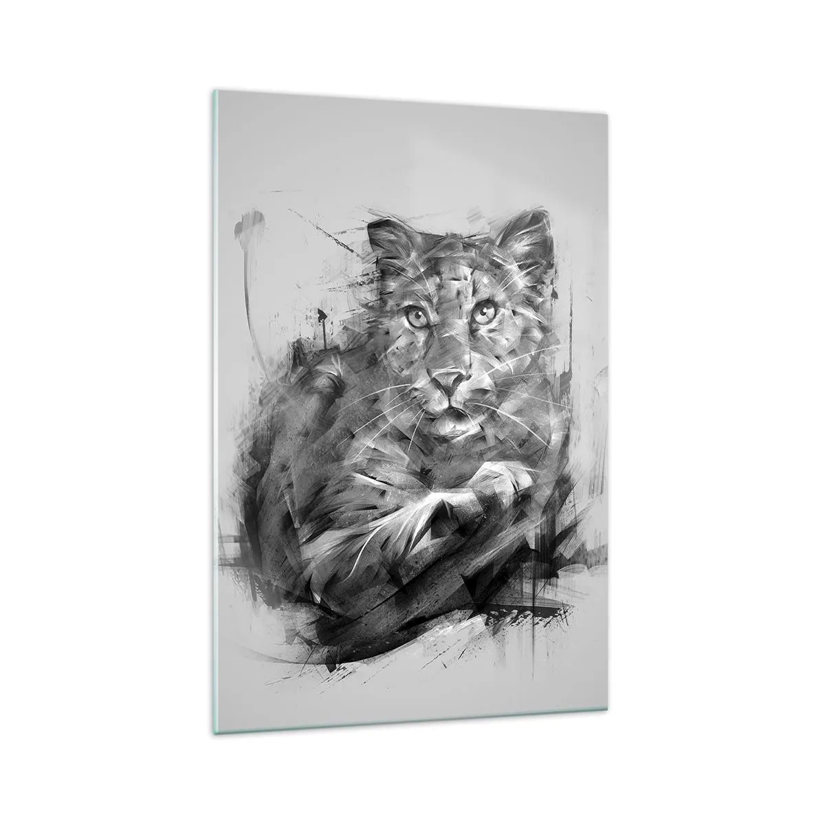 Quadro su vetro - Ritratto in bianco e nero di un leone in stile artistico con tratti dinamici. - 70x100cm - Si, ascolto attentamente - Decorazione murale moderna per soggiorno e camera da letto ARTTOR