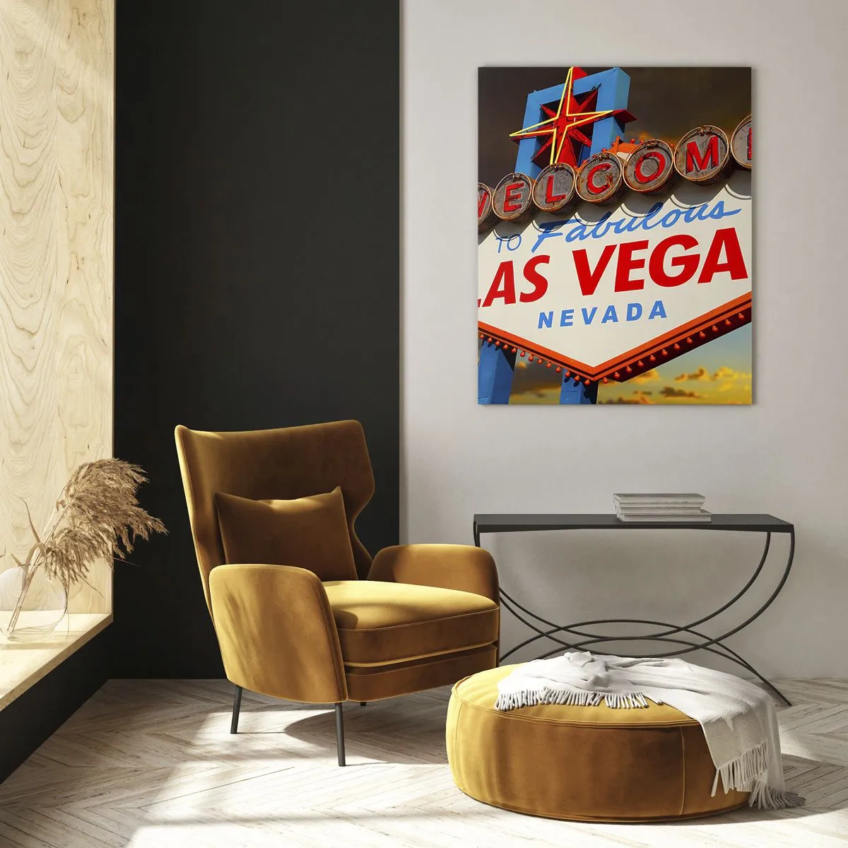 Quadro su vetro - Il famoso cartello Welcome to Fabulous Las Vegas al tramonto - 70x100cm - Cercando la fortuna - Decorazione murale moderna per soggiorno e camera da letto ARTTOR