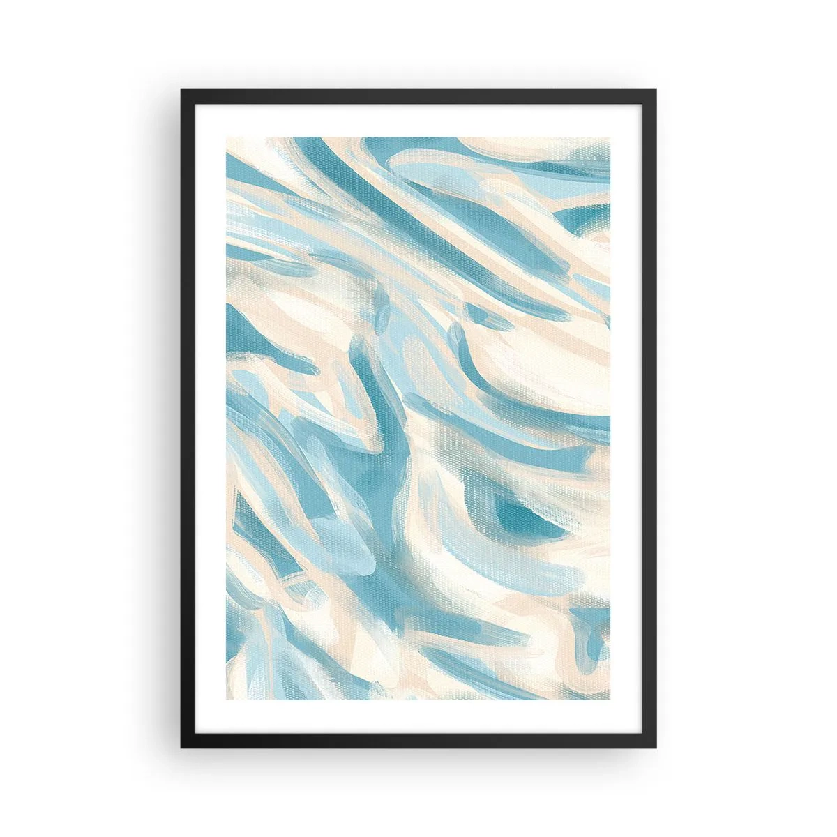 Poster in cornice nera - Onde astratte nelle tonalità del blu e del beige - 50x70cm - Brezze primaverili - Decorazione murale moderna per soggiorno e camera da letto ARTTOR
