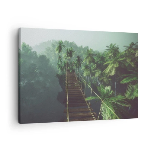 Quadro su tela - Stampe su Tela - Un ponte sospeso in una foresta tropicale circondato dalla nebbia. - 70x50cm - Nel vortice del verde - Decorazione murale moderna per soggiorno e camera da letto ARTTOR