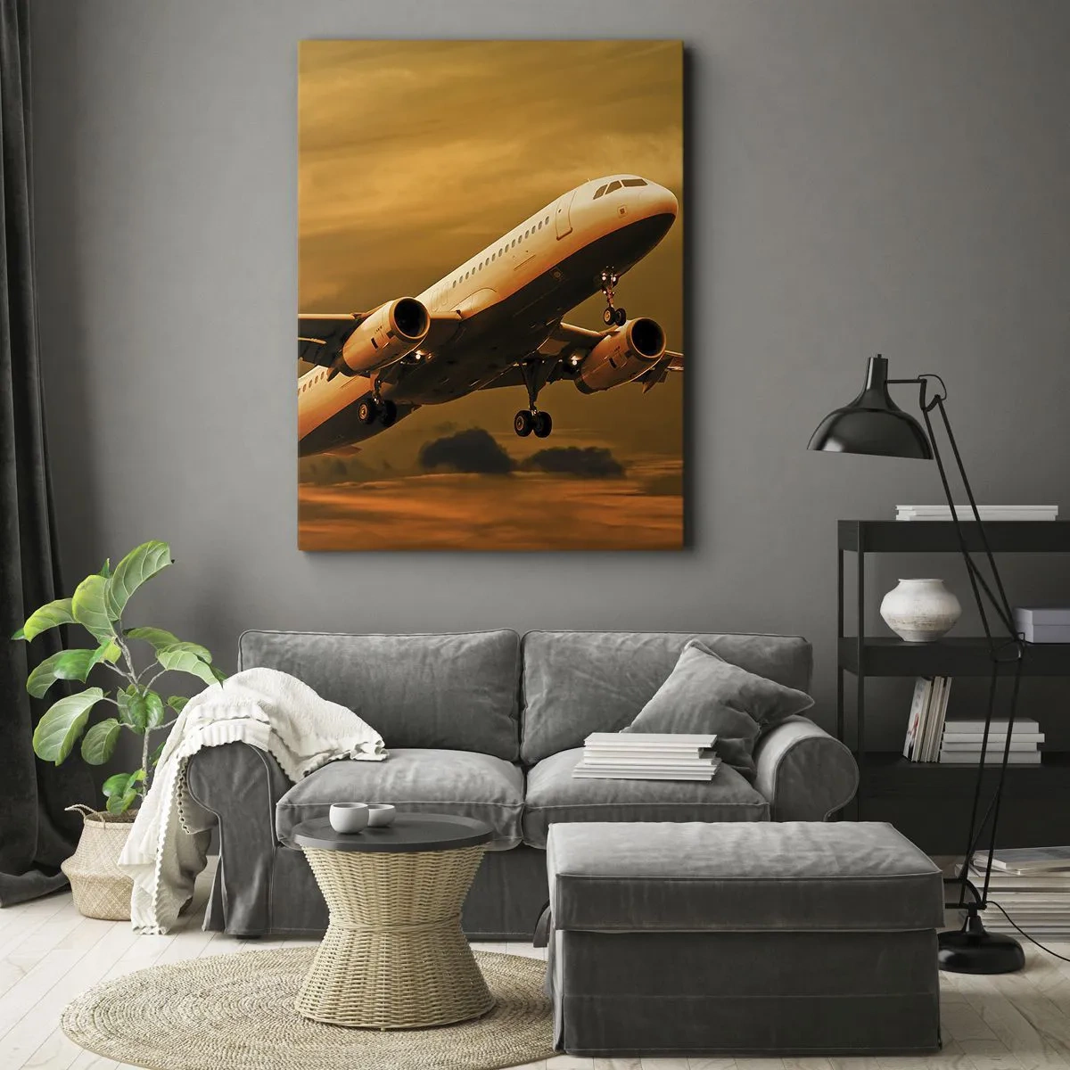 Quadro su tela - Stampe su Tela - Un aereo passeggeri decolla sullo sfondo di un cielo dorato al tramonto. - 80x120cm - In volo verso il sole - Decorazione murale moderna per soggiorno e camera da letto ARTTOR