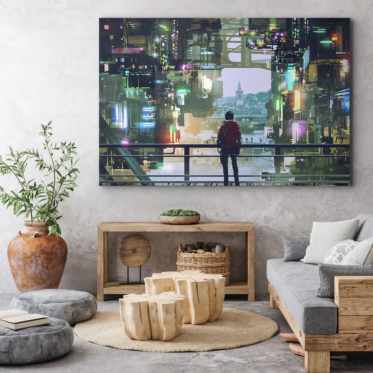 Quadro su tela - Stampe su Tela - Una figura in una città futuristica con luci al neon - 120x80cm - Due mondi - Decorazione murale moderna per soggiorno e camera da letto ARTTOR
