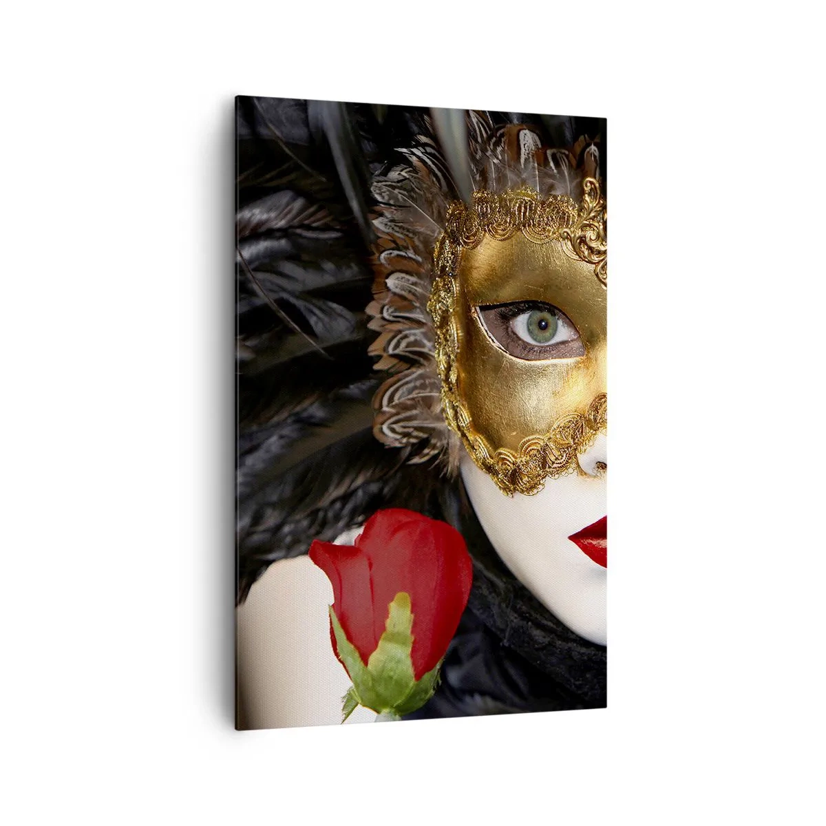 Quadro su tela - Stampe su Tela - Maschera veneziana dorata con piume e rosa rossa, motivo misterioso. - 80x120cm - Perché la vita è un grande ballo - Decorazione murale moderna per soggiorno e camera da letto ARTTOR